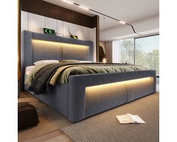 Tweepersoonsbed 160x200 cm met opbergruimte - LED-verlichting - USB- en Type-C-oplaadpoorten - gebogen hoofdeinde - grijs - zonder matras