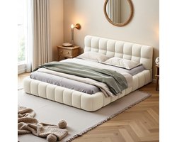 Tweepersoonsbed 160x200 cm met Zacht Hoofdbord, Lattenbodem en Linnen Bekleding, Jeugd- en Logeerbed, Beige
