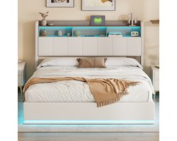 Tweepersoonsbed 160x200 cm – Polsterbed met RGB-LED en USB, Tête de Lit met Opbergruimte, Lattenbodem, Geschikt voor volwassenen en adolescenten, Velours Beige (Zonder Matras)