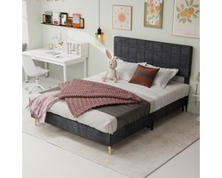 Tweepersoonsbed 160x200 cm Scandinavische stijl - met bedframe, gestoffeerd hoofdbord, metalen poten - Twijfelaar 140x200 cm - Gestoffeerd bed - fluwelen bekleding - Grijs