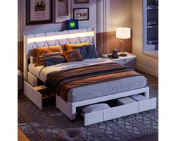 Tweepersoonsbed 160x200 cm - Tweepersoonsbedden diamantpatroon, USB oplaadfunctie slimme led-lichtstrip, 4 metalen lades, Metalen frame met Kussen randen, modern Slaapkamer Jeugdbed, opbergbed - Gestoffeerd bed - Beige