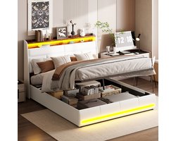 Tweepersoonsbed 160x200 cm – Wit PU, LED Hoofdbord & USB, Hydraulische Opbergruimte