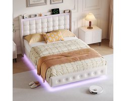 Tweepersoonsbed 160x200 cm - Zwevend bed met LED verlichting en USB-C oplaadstation, Gestoffeerd hoofdeinde en lattenbodem, Jongerenbed Wit Fluweel (Zonder matras)