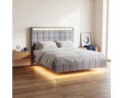Tweepersoonsbed 160x200 cm - Zwevend bedframe met RGB LED en USB-poorten - Verstelbaar hoofdbord - Linnen en Metaal - Modern - Grijs