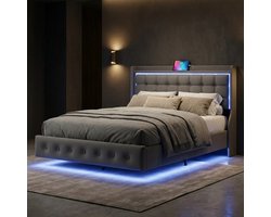 Tweepersoonsbed 160x200 cm - Zwevend Gestoffeerd Bed met LED en USB-poorten - Metalen en Houten Frame - Fluwelen Bekleding - Moderne Stijl - Grijs