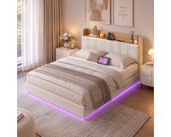 Tweepersoonsbed 160x200 met LED- en USB-aansluiting, lattenbodem, zwevend frame met lattenbodem en opbergruimte in het hoofdeinde, 2-persoonsbed voor volwassenen en tieners (PU Wit)