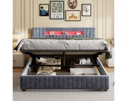 Tweepersoonsbed 160x200cm – Grijs Fluweel – Opbergbed met Gasveer & LED Hoofdbord