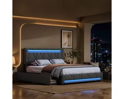 Tweepersoonsbed 160x200cm – Grijs Linnen Bed met 4 Laden, LED & USB – Verstelbaar Hoofdeinde