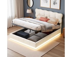 Tweepersoonsbed 160x200cm hydraulisch bed met LED-verlichting en opbergruimte, gestoffeerd hoofdeinde, breed appartementbed voor jongeren en volwassenen, fluweel, beige, zonder matras