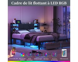 Tweepersoonsbed 160x200cm | LED-lampen hoofdeinde & bedframe, 2 lades voeteneind + USB-oplaadpoort