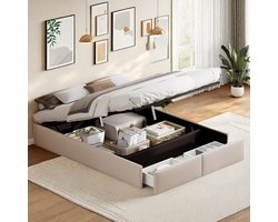 Tweepersoonsbed 160x200cm – Linnen Beige – Opbergbed met Gasveer en 2 Laden aan Voeteneinde – Zonder Hoofdbord
