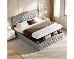 Tweepersoonsbed 160x200cm met Lattenbodem & Hydraulische Opbergruimte, Gestoffeerd Boxspringbed van Fluweel voor Moderne Slaapkamer & Jeugdkamer