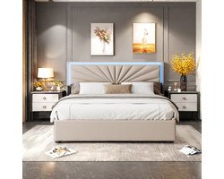 Tweepersoonsbed 160x200cm met LED & Verstelbaar Hoofdeinde, Gestoffeerd Bed met Lattenbodem en 4 Lade, Opbergbed van Linnen