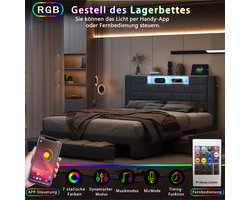 Tweepersoonsbed 160x200cm Modern gestoffeerd bed met LED-verlichting en USB-oplader, slaapkamerbed met 3 lades, zonder matras, grijs fluweel (splitsen voor 2 pakketten voor verzending)