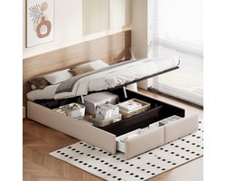 Tweepersoonsbed 160x200cm - Zonder hoofdbord - Gestoffeerd bed met opbergruimte - 2 lades - Gasvering - Linnen stof - Zonder matras - Beige