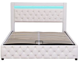 Tweepersoonsbed 160x200cm Zonder Matras Gestoffeerd Bed Wit PU Met LED-Verlichting Met Opbergruimte Functioneel Bed Met Lattenbodem Geschikt Voor Slaapkamer En Gastenkamer