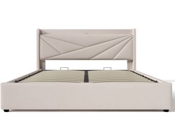 Tweepersoonsbed 160x200cm Zonder Matras Polsterbed Beige Linnen Met USB Type C Hoofdbord En 2 Opbergkasten Lattenbodem Geschikt Voor Jongeren Modern Design