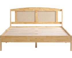 Tweepersoonsbed 160x200cm zonder matras Rattenbed met 15 latten en middenpoot Grenenhout Rotan Natuurlijke kleur