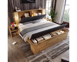 Tweepersoonsbed 180 x 200 cm, Houten Bed met Neerklapbaar Hoofdeinde Bekleed met Linnen, Opbergruimte, Twee Nachtkastjes, Bedbank met Opbergruimte, Leeslampjes met USB-aansluiting, Lattenbodem, Eikenkleur, Matras niet Inbegrepen