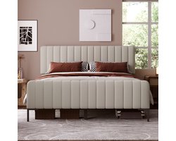 Tweepersoonsbed 180 x 200 cm - met bedframe en verstelbare hoofdeinde - gestoffeerd bed - linnen materiaal - beige - zonder matras