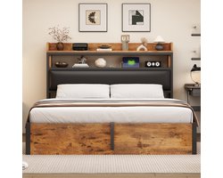 Tweepersoonsbed 180 x 200 cm - met USB-aansluiting - met zacht gestoffeerd hoofdeinde - met opbergruimte - zwart - zonder matras