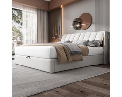 Tweepersoonsbed 180 x 200 cm met USB en LED Verlichting, Verstelbaar Hoofdeinde en Opbergruimte