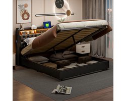 Tweepersoonsbed 180×200 cm – Zwart PU Hydraulisch Opbergbed met LED, USB & Hoofdbord Opbergruimte
