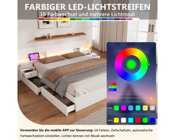Tweepersoonsbed 180*200cm, tweepersoonsbed, houten bed, jeugdbed, met USB-interface, met ledverlichting en stopcontact, bedienbaar via mobiele app, 2 nachtkastjes, met ladekast, zonder matras, wit