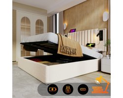 Tweepersoonsbed 180x200 cm, bedframe met leeslamp, bed met opbergruimte en USB-oplaadfunctie, katoen, beige(Matras niet inbegrepen)