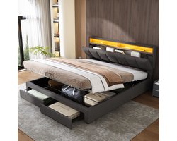 Tweepersoonsbed 180x200 cm - Donker Grijs - Staal en Wol - LED-verlichting Hoofdeinde - Hydraulische Opbergruimte - Lattenbodem - 300 kg Max Belasting