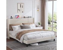 Tweepersoonsbed 180x200 cm - Gestoffeerd platformbedframe van 180x200 cm met stoffen hoofdbord, vleugelranddesign/antislip en geluidsarm/metalen lattenbodem/geen boxspring
