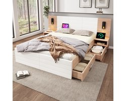 Tweepersoonsbed 180x200 cm - Massief hout + Wit MDF + Licht eiken - 2 Nachtkastjes + 2 Lades - 360° Draaibare Leeslamp - USB-poort - Veel Opbergruimte - Stabiliteit en Comfort
