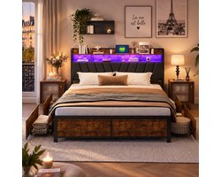 Tweepersoonsbed 180x200 cm, met 2 lades, opbergruimte, gestoffeerd bed met USB-poort en LED-hoofdbord, tweepersoons metalen bedframe met lattenbodem, vintage bruinzwart
