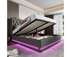 Tweepersoonsbed 180x200 cm met Bedlade en Opbergruimte – Boxspring Stijl, Hydraulisch Bed met Zacht Hoofdeinde van Katoen – Modern Bedframe – Grijs