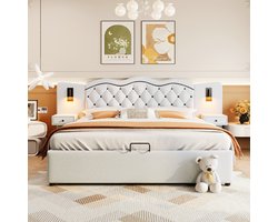 Tweepersoonsbed 180x200 cm met hoofdbord en USB-aansluiting, bed met opbergruimte en 2 bedlampjes, linnen stof, beige(Matras niet inbegrepen)