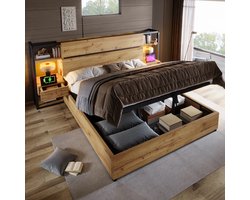 Tweepersoonsbed 180x200 cm – met hydraulische opbergruimte, USB-C en USB-aansluiting – houten – voor moderne slaapkamer – praktische slaapoplossing voor