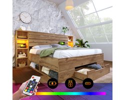 Tweepersoonsbed 180x200 cm met Opbergruimte, LED Verlichting, USB-C en USB, Eikenlook Houten bed met Opbergvakken, Lades en Stevig Frame