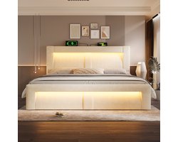 Tweepersoonsbed 180x200 cm met opbergruimte - LED-verlichting - USB- en Type-C-oplaadpoorten - gebogen hoofdeinde - beige - zonder matras