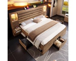 Tweepersoonsbed 180x200 cm met Opbergruimte, LED Verlichting, USB & USB-C Hoofdbord, Houten Bedframe met Lades en Lattenbodem – Modern Eiken Design (Zonder Matras)