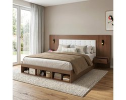 Tweepersoonsbed 180x200 cm - opbergbed - met USB- en Type-C-oplaadstation en leeslamp - 2 nachtkastjes - walnootkleur - zonder matras