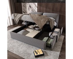 Tweepersoonsbed - 180x200 - Hydraulisch opbergbed met 3 lades en lattenbodem - fluweel - grijs - zonder matras
