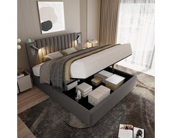 Tweepersoonsbed 180x200 met Opbergruimte, Nachtlamp en USB-Oplader - Gestoffeerd Grijs