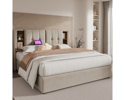 Tweepersoonsbed - 180x200 - Polsterbed met draadloos laden en USB-C opbergbed - linnen - naturel - zonder matras