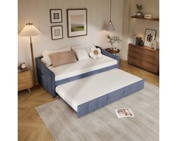 Tweepersoonsbed, 90 x 200 cm, uitschuifbaar, Uitschuifbare tweepersoons slaapbank, gestoffeerde slaapbank met lattenbodem, uittrekbare slaapbank, fluwelen stof, DonkerGrijs
