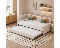 Tweepersoonsbed, 90 x 200 cm, uitschuifbare slaapbank, slaapbank, uittrekbaar bed, 2 eenpersoonsbedden, lattenbodem, Flanellen Stof, Beige (klassiek crème)