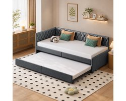 Tweepersoonsbed, 90/90x200 cm, slaapbank met uittrekbaar bedframe, om te bouwen tot een tweepersoons slaapbank, lattenbodem, uitschuifbare slaapbank, geschikt voor volwassenen en tieners, Fluwelen Stof, DonkerGrijs