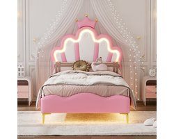 Tweepersoonsbed 90x200cm - Roze - Met RGB LED-verlichting - 12 Lattenbodems - Koninklijk Kroonontwerp - PU Kunstleer Hoofdeinde - 150 kg Draagvermogen