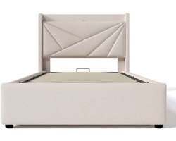 Tweepersoonsbed 90x200cm Zonder Matras Polsterbed Beige Linnen Met USB Type C Hoofdbord En 2 Opbergkasten Lattenbodem Geschikt Voor Jongeren Modern Design