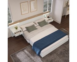 Tweepersoonsbed bed met 2 led-nachtkastjes en USB-oplaadfunctie 180 x 200 cm met lattenbodem en bedombouw, wit, zonder matras