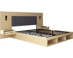 Tweepersoonsbed - Bed Met Opbergruimte - Houten Bed - Tienerbed - Nachtkastjes - USB En Type-C - Leeslamp - Opbergen - Slaapkamer - 160x200 cm - 1 Stuk - Licht Eiken